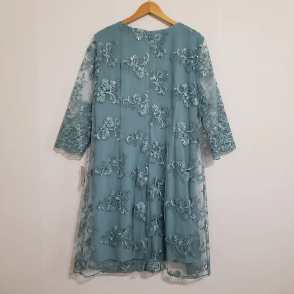 NWT Alex Evenings Vintage Teal Embroidered Mock Jacket Dress Size 18